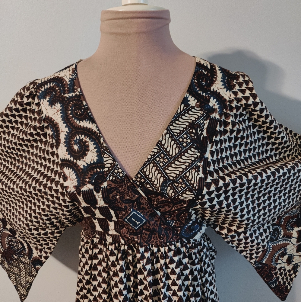 Indian block print Maxi Dress Butterfly Sleeves 70s Vintage natural cotton SM - Picture 8 of 15